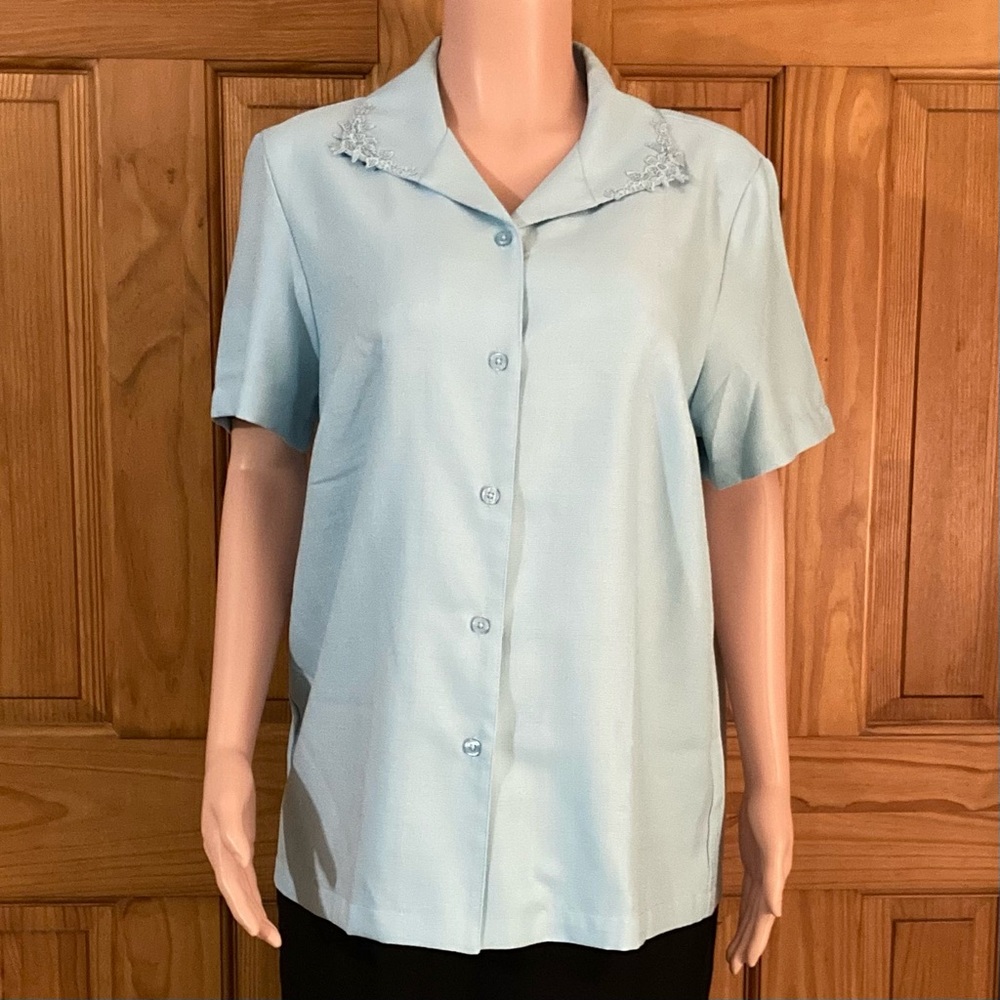 NWOT Blair Vintage 90s Top Embroidered Short Sleeve Blouse Blue Size L Large